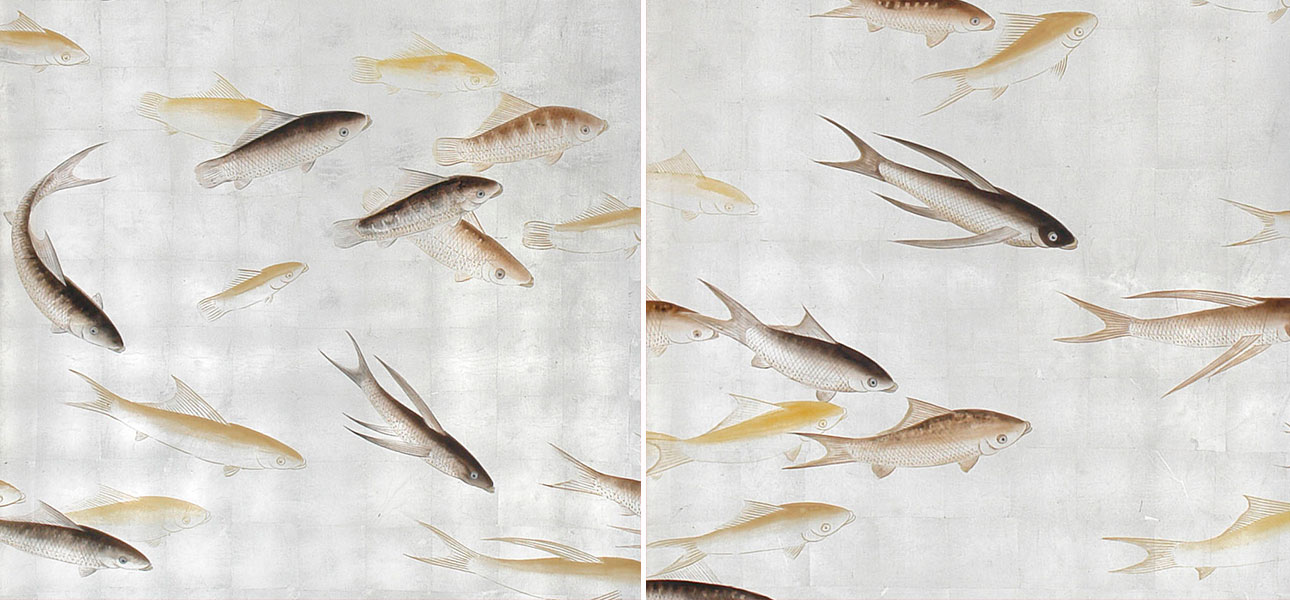 Обои ручная роспись Fishes Amber on Real Silver gilded silk - фото