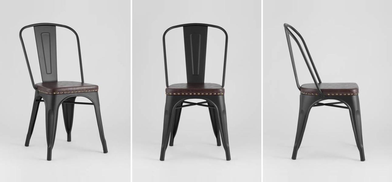 Стул Tolix Черный матовый Металл Сидение Коричневая Экокожа - фото