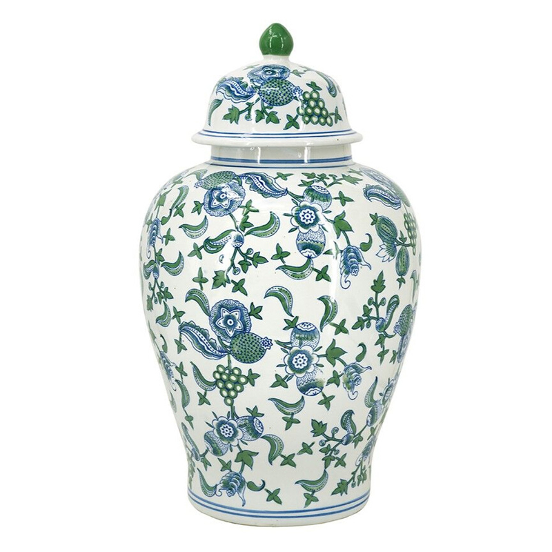 Ваза с крышкой и зелено-голубым цветочным узором на белом фоне Blue & White Ornament Белый Синий в Ростове-на-Дону | Loft Concept 