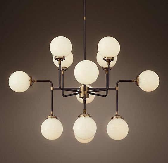 Люстра RH Bistro Globe Milk Glass 12-Light Chandelier Латунь Черный Белый в Ростове-на-Дону | Loft Concept 