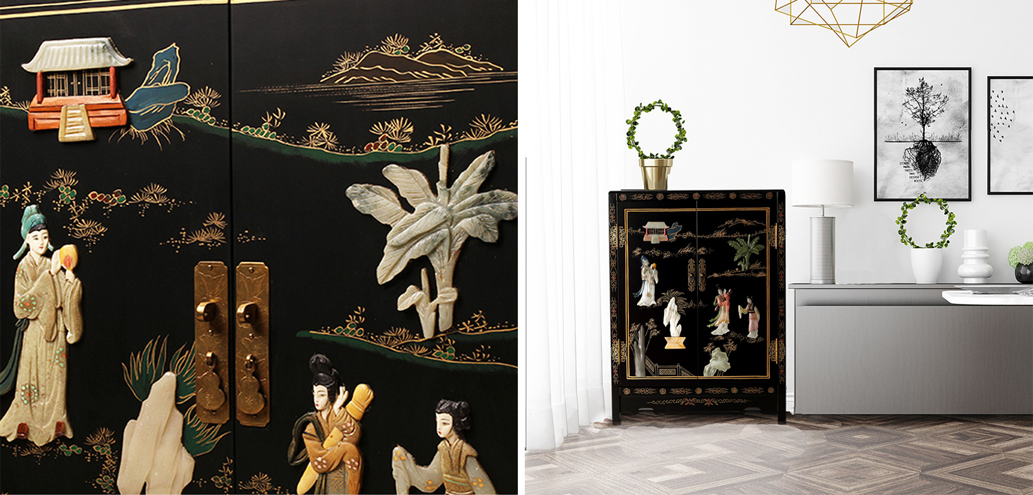 Черный Двухдверный Комод в Китайском стиле с каменным Барельефом Black Chinese Chest of drawers - фото