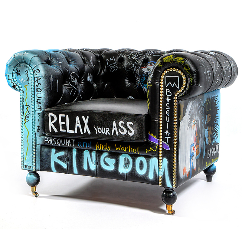 Кресло "Баския и Уорхол" Basquiat Warhol graffiti chair натуральная кожа Черный Мульти в Ростове-на-Дону | Loft Concept 