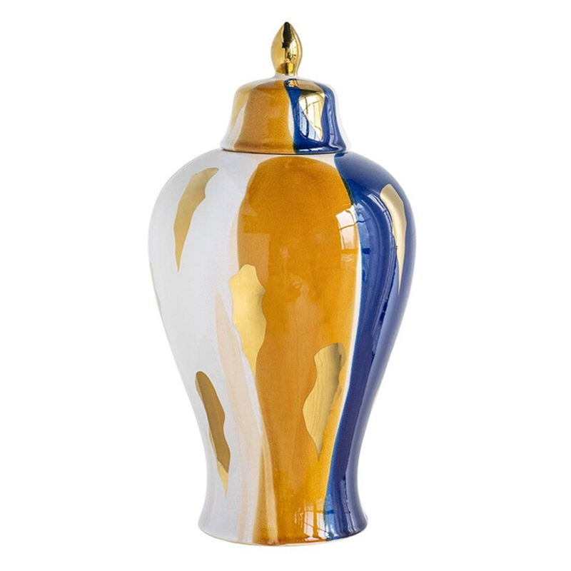 Ваза с крышкой и мазками синего и золого цвета на белом фоне Chinoiserie Ceramics Белый Оранжевый Золотой Синий Ваза с крышкой и мазками синего и золого цвета на белом фоне Chinoiserie Ceramics Белый Оранжевый Золотой Синий в Ростове-на-Дону | Loft Concept