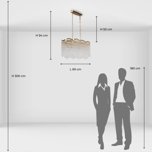 Люстра прямоугольная на цепях с прозрачными трубками и волнистым краем Nembus в Ростове-на-Дону