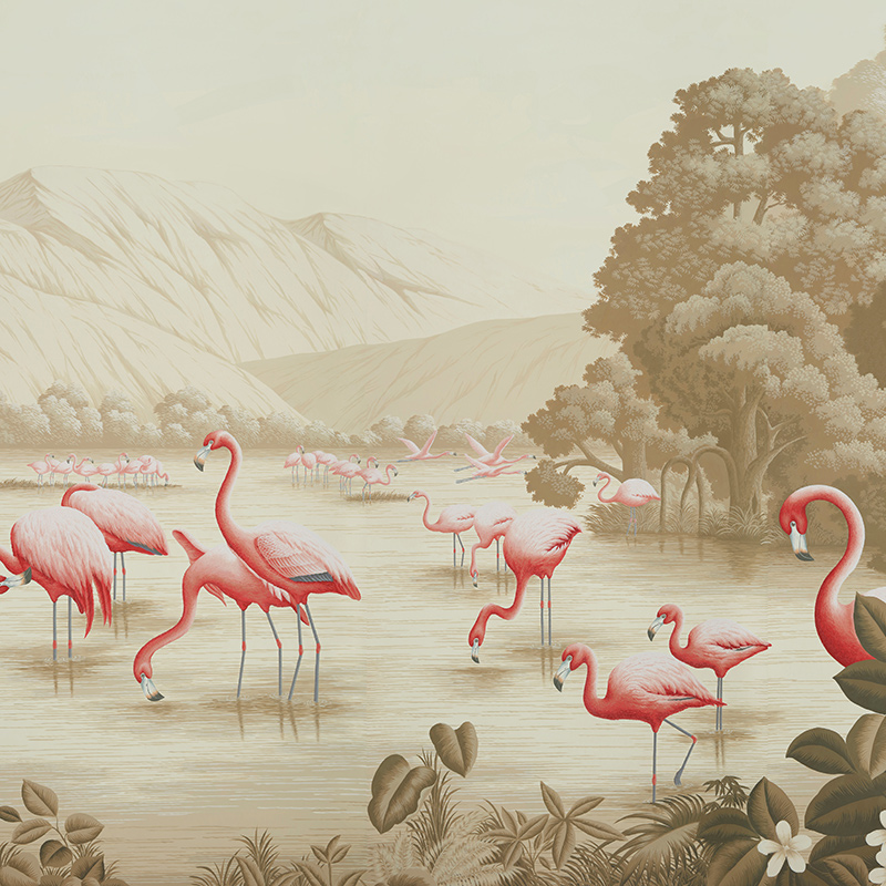 Обои ручная роспись Flamingos Flamingo on Sepia scenic paper  в Ростове-на-Дону | Loft Concept 