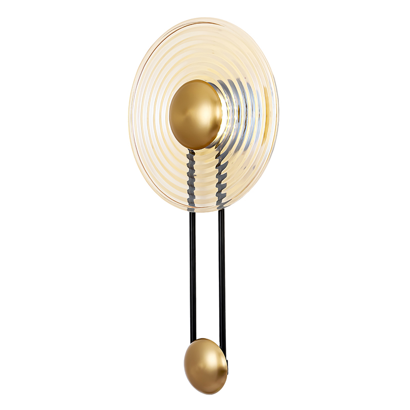 Бра с круглым рифленым плафоном янтарного цвета Savio Glass Disc Light Латунь Черный Янтарный Бра с круглым рифленым плафоном янтарного цвета Savio Glass Disc Light Латунь Черный Янтарный в Ростове-на-Дону | Loft Concept