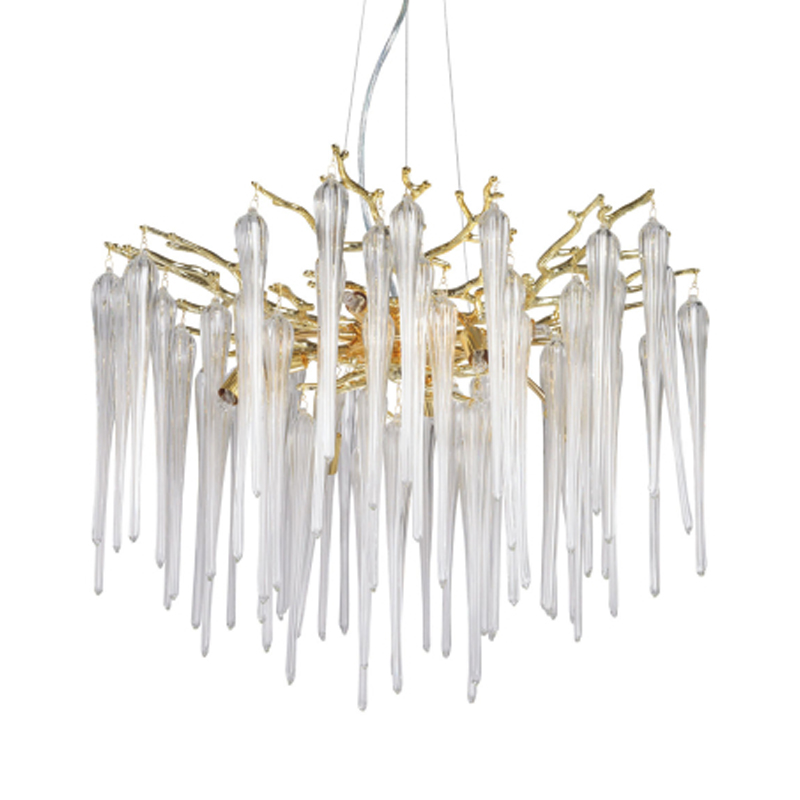 Люстра золотого цвета с декоративными ветками и длинными прозрачными стеклянными подвесами в форме сосулек Droplet Chandelier Золотой Прозрачный в Ростове-на-Дону | Loft Concept 