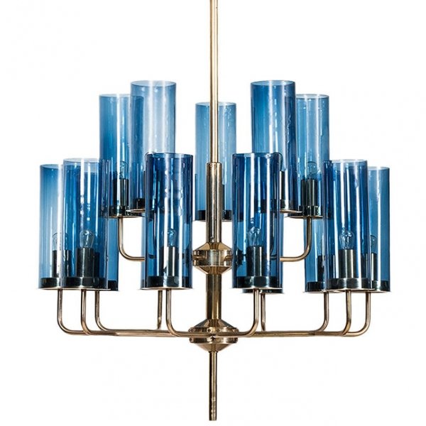  Hans-Agne Jakobsson Brass & Blue Glass Tube Chandelier  (Sapphire)    -- | Loft Concept 