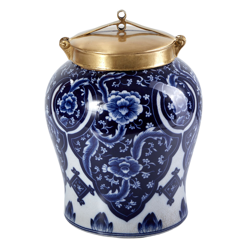 Ваза с насыщенным синим орнаментом и золотой крышкой Blue & White Ornament Белый Синий Золотой Ваза с насыщенным синим орнаментом и золотой крышкой Blue & White Ornament Белый Синий Золотой в Ростове-на-Дону | Loft Concept