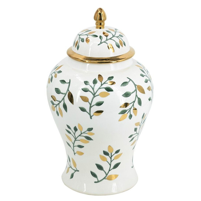 Ваза белая с крышкой с рисунком зеленых и золотых листьев 48 см Chinoiserie Ceramics Белый Зеленый Золотой Ваза белая с крышкой с рисунком зеленых и золотых листьев 48 см Chinoiserie Ceramics Белый Зеленый Золотой в Ростове-на-Дону | Loft Concept