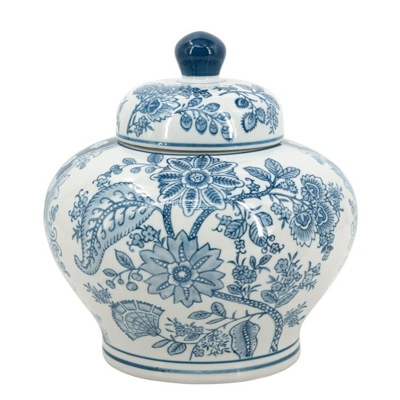 Ваза с крышкой и синим узором в виде цветов и листьев Blue & White Ornament Белый Синий Ваза с крышкой и синим узором в виде цветов и листьев Blue & White Ornament Белый Синий в Ростове-на-Дону | Loft Concept