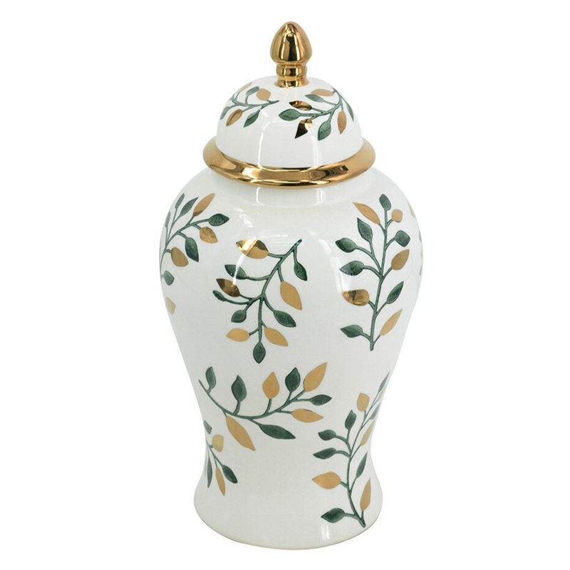 Ваза белая с крышкой с рисунком зеленых и золотых листьев 40 см Chinoiserie Ceramics Белый Зеленый Золотой Ваза белая с крышкой с рисунком зеленых и золотых листьев 40 см Chinoiserie Ceramics Белый Зеленый Золотой в Ростове-на-Дону | Loft Concept