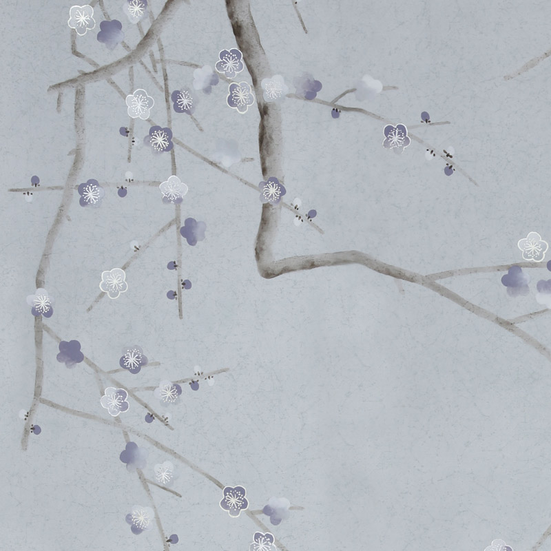    Plum Blossom Special Colourway on Crackled Silver metallic silk   -- | Loft Concept 