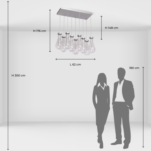 Люстра с 9-ю прозрачными плафонами из стекла в форме капли на прямоугольном потолочном основании цвета хром Lucid Rain  в Ростове-на-Дону