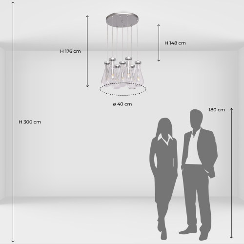 Люстра с 7-ю прозрачными плафонами из стекла в форме капли на круглом потолочном основании цвета хром Lucid Rain  в Ростове-на-Дону