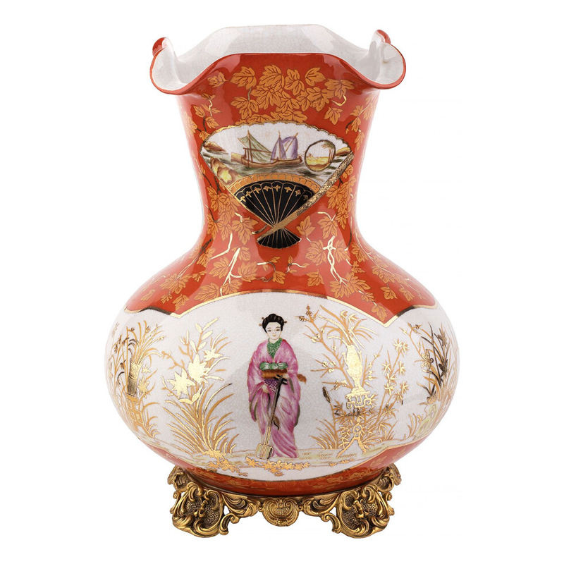 Ваза красного цвета с рисунком Chinoiserie Ceramics Белый Красный Бронза Ваза красного цвета с рисунком Chinoiserie Ceramics Белый Красный Бронза в Ростове-на-Дону | Loft Concept