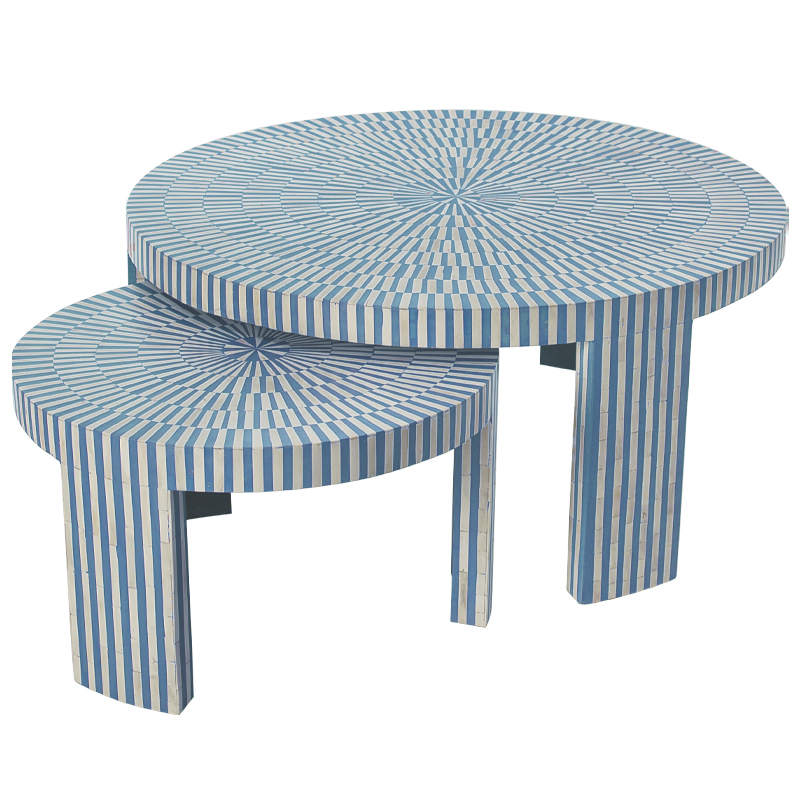 Комплект журнальных столов с инкрустацией Stripes Set of two tables blue Белый Голубой в Ростове-на-Дону | Loft Concept 
