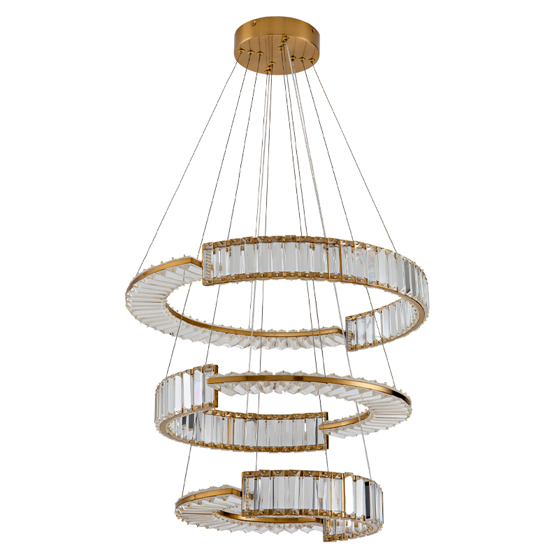 Светодиодная трехъярусная кольцевая люстра из хрусталя и стали с пультом для регулировки света Maude Crystal Light Латунь Прозрачный в Ростове-на-Дону | Loft Concept 