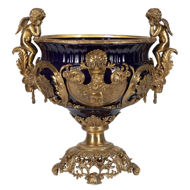 Чаша темно-синего цвета с фигурками ангелов и рельефным декором Eden Garden porcelain and bronze Темно-синий Бронза Чаша темно-синего цвета с фигурками ангелов и рельефным декором Eden Garden porcelain and bronze Темно-синий Бронза в Ростове-на-Дону | Loft Concept