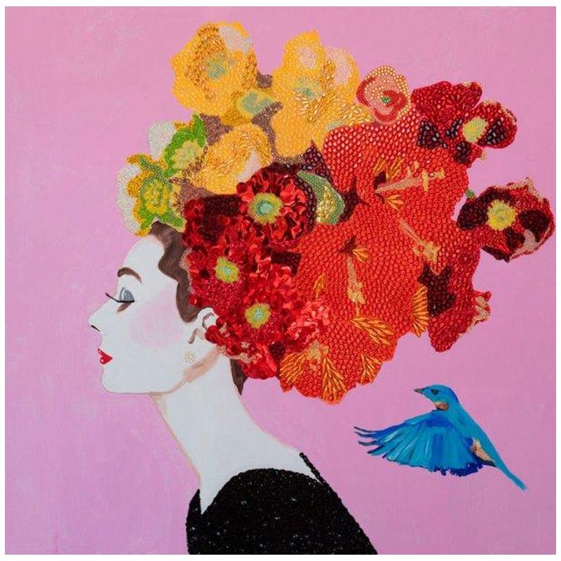  Audrey with Flower Bouquet Headdress, Blue Bird, and Pink Background   -- | Loft Concept 