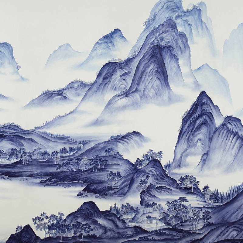    A Thousand Li of Rivers and Mountains Delft on Bleached White dyed silk   -- | Loft Concept 