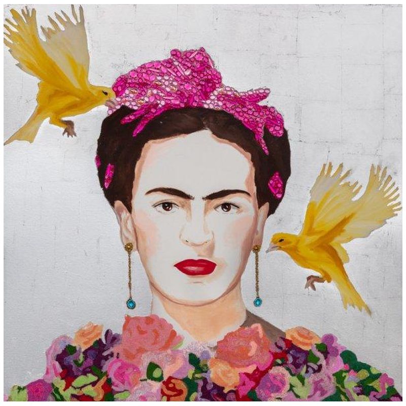  Frida with Yellow Flying Parakeets, Flower Bouquet Dress and Silver Leaf Background   -- | Loft Concept 