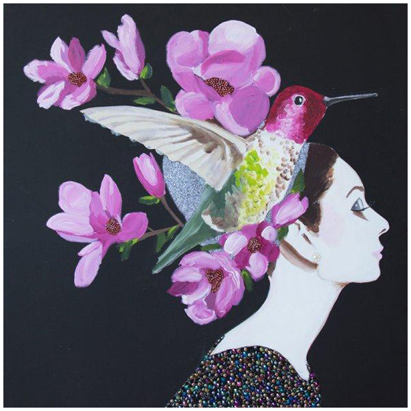  Audrey with Hummingbird and Flowers Headdress on Black Background   -- | Loft Concept 