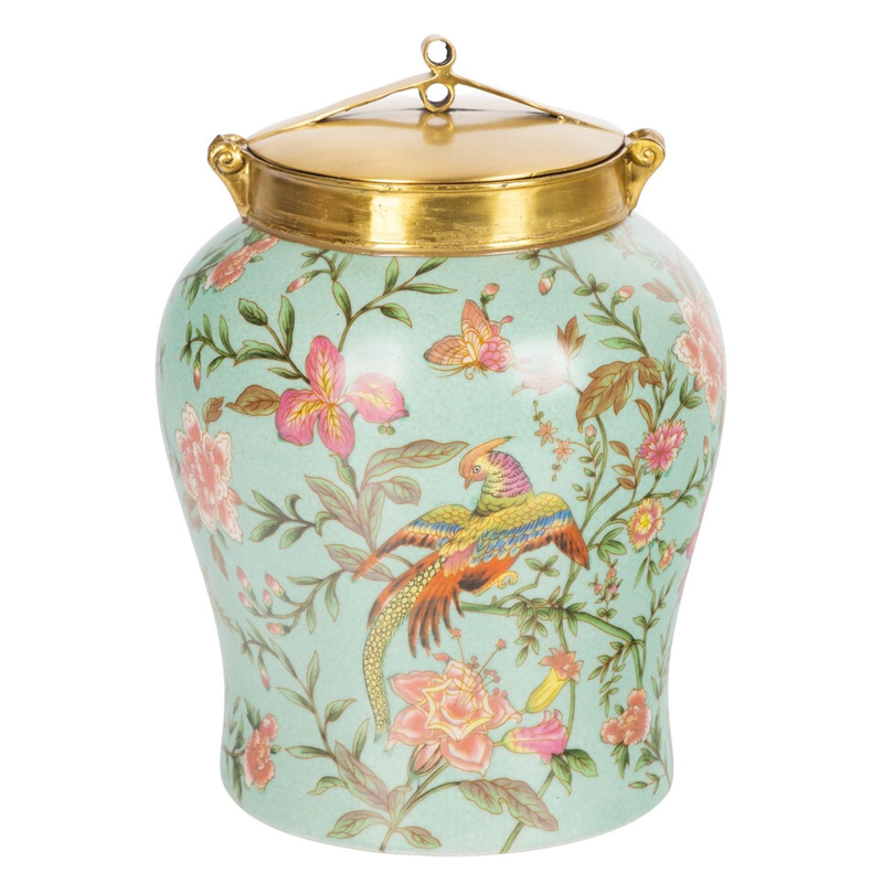 Ваза округлой формы из фарфора с рисунком и бронзовой крышкой Turquoise Blooming Garden Мульти Бронза Бирюзовый Ваза округлой формы из фарфора с рисунком и бронзовой крышкой Turquoise Blooming Garden Мульти Бронза Бирюзовый в Ростове-на-Дону | Loft Concept