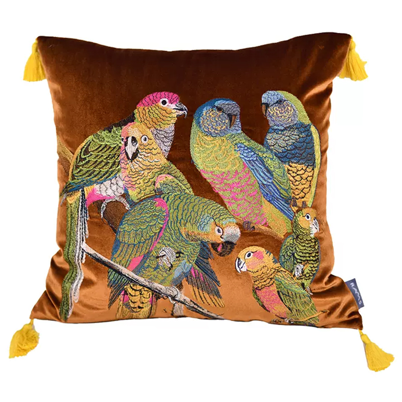     Embroidery Parrots Pillow Brown    -- | Loft Concept 