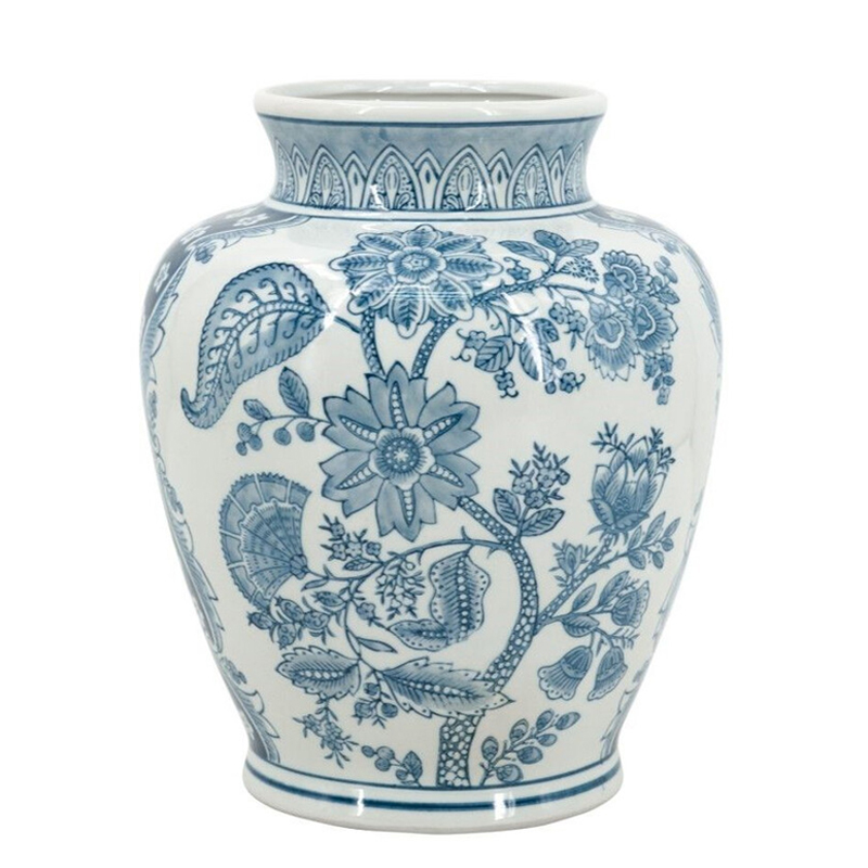 Ваза округлой формы белого цвета с синим растительным узором Blue & White Ornament Белый Синий Ваза округлой формы белого цвета с синим растительным узором Blue & White Ornament Белый Синий в Ростове-на-Дону | Loft Concept