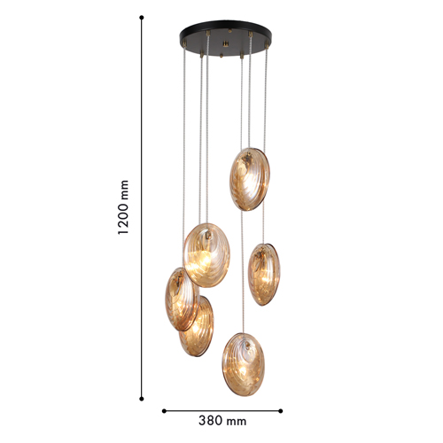 Люстра каскадная с 6-ю стеклянными круглыми плафонами янтарного цвета Savio Glass Disc Light в Ростове-на-Дону