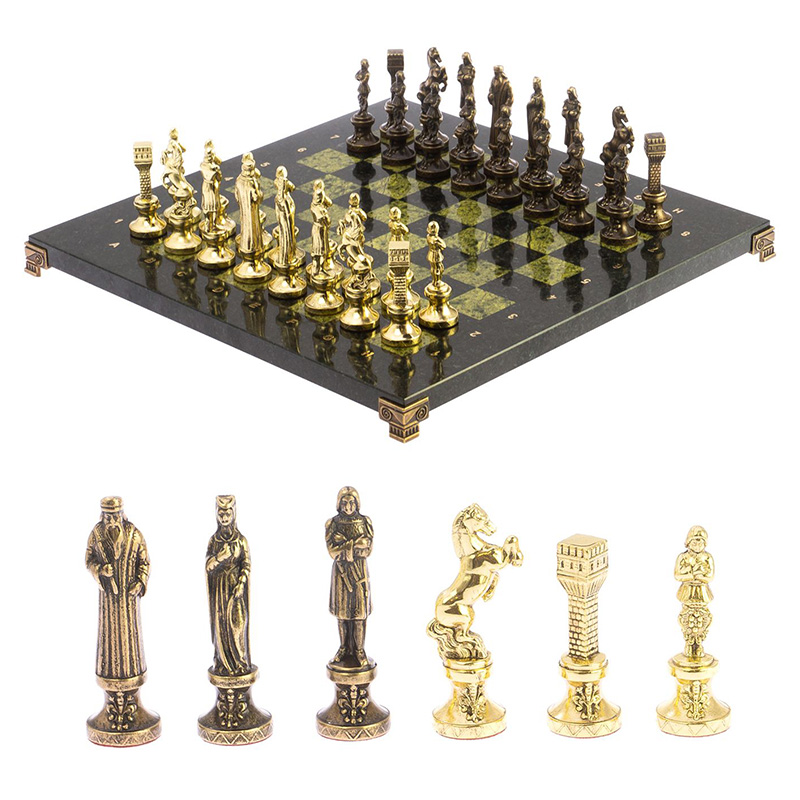 Шахматы Ренессанс из бронзы с доской из натурального камня Змеевик Decorative Thematic Chess  Золотой Бронза Черный Зеленый в Ростове-на-Дону | Loft Concept 