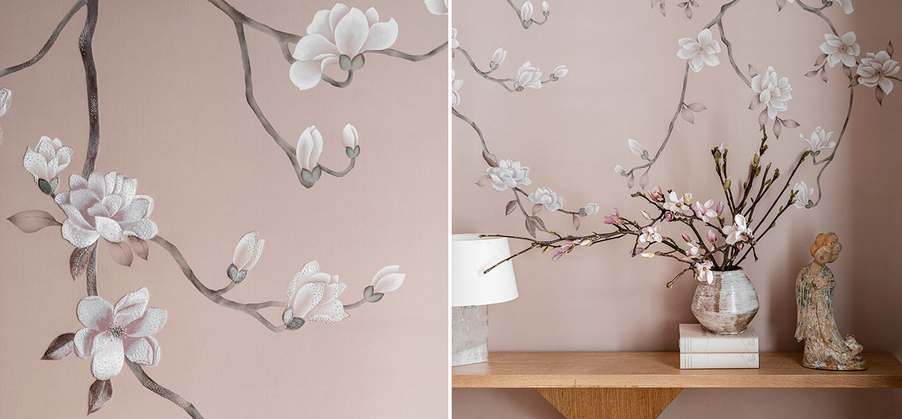 Обои Magnolia Canopy Original colourway on Almost Mauve dyed silk with embroidery - фото