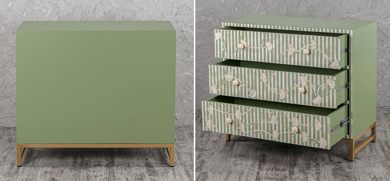 Комод зеленый инкрустация костью Green Flowers - фото №1