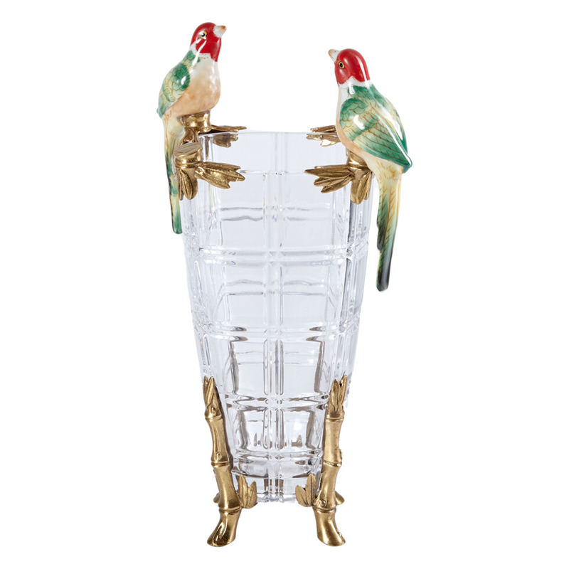 Ваза из прозрачного стекла с бронзовыми ножками и фигурками попугаев Eden Garden porcelain and bronze Прозрачное Стекло Бронза Мульти в Ростове-на-Дону | Loft Concept 