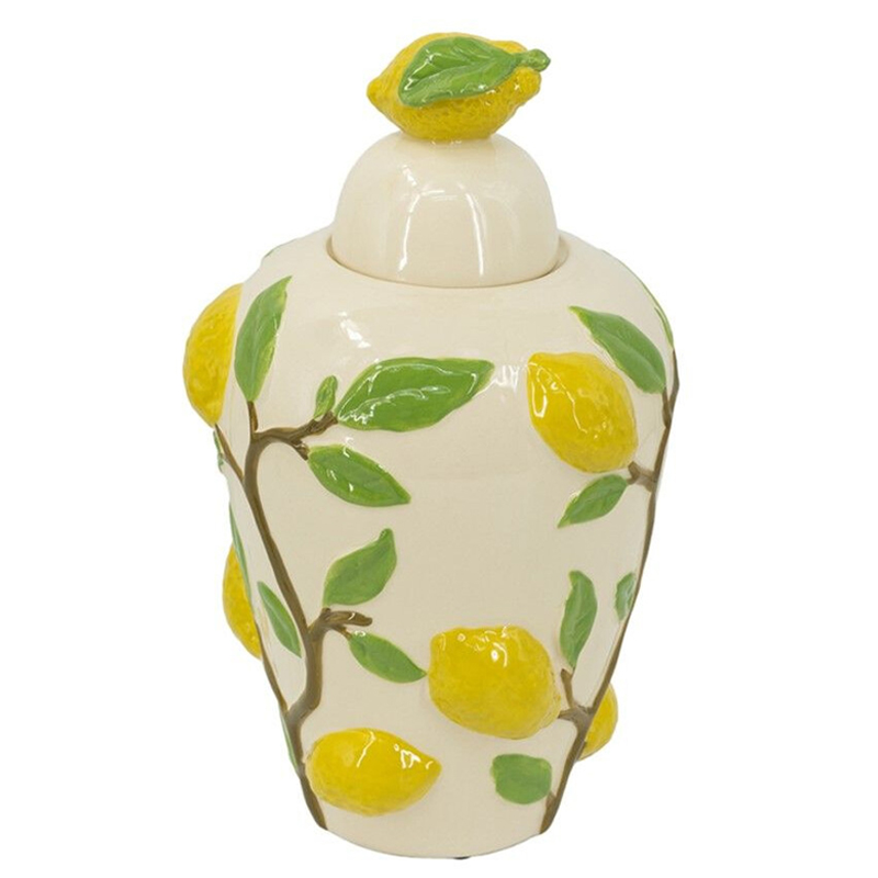 Ваза с крышкой кремового цвета и объемным рисунком лимонов и листьев Lemon Delight Кремовый Желтый Коричневый Зеленый Ваза с крышкой кремового цвета и объемным рисунком лимонов и листьев Lemon Delight Кремовый Желтый Коричневый Зеленый в Ростове-на-Дону | Loft Concept
