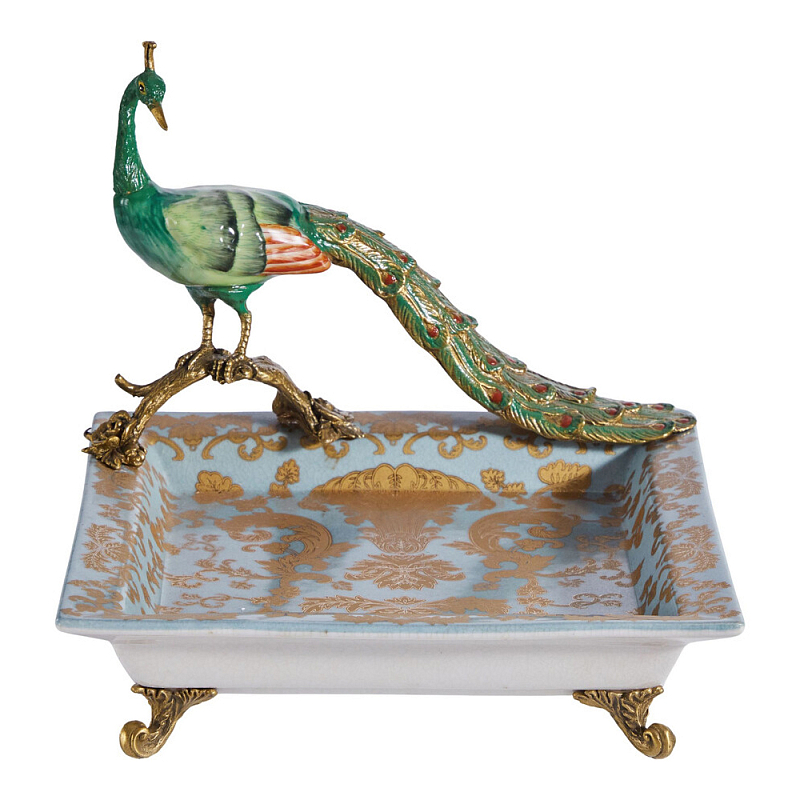 Блюдо квадратное с павлином на бронзовых ножках Eden Garden Голубой Бронза Мульти в Ростове-на-Дону | Loft Concept 