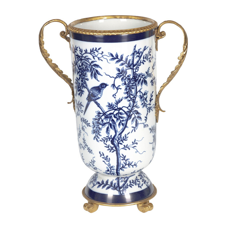 Ваза с бронзовыми ручками и синим цветочным узором Blue & White Ornament Синий Белый Бронза в Ростове-на-Дону | Loft Concept 