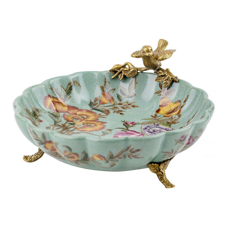 Блюдо из голубого фарфора с бронзовой птичкой Blue Garden Голубой Бронза Мульти в Ростове-на-Дону | Loft Concept 