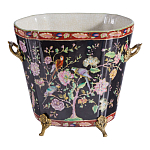 Кашпо из фарфора черная с цветочной росписью и бронзовой стрекозой Spring Garden варинант исполнения - 1 | Loft Concept в Ростове-на-Дону