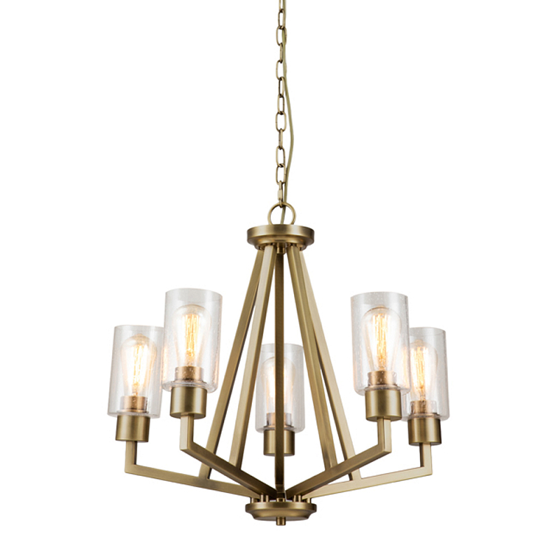 Люстра цвета латунь с 5-ю цилиндрическими плафонами из прозрачного пузырчатого стекла Kichler Латунь Прозрачное Стекло в Ростове-на-Дону | Loft Concept 