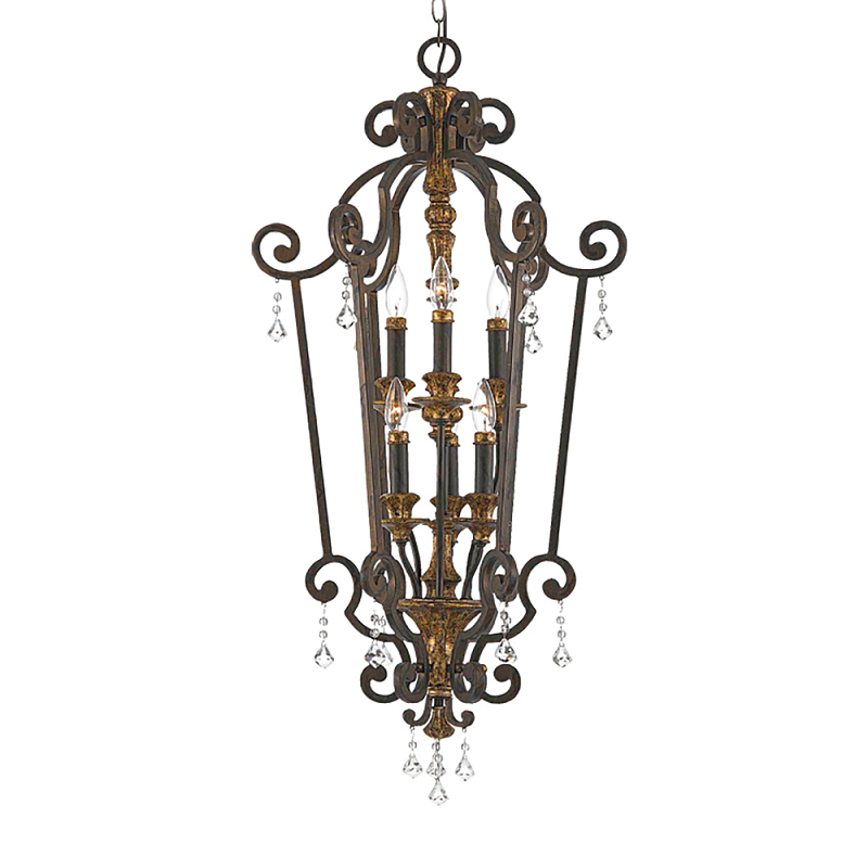 Люстра бронзового цвета с 6-ю лампами и стеклянными подвесками в классическом стиле Quoizel Бронза Прозрачное Стекло Золотой в Ростове-на-Дону | Loft Concept 