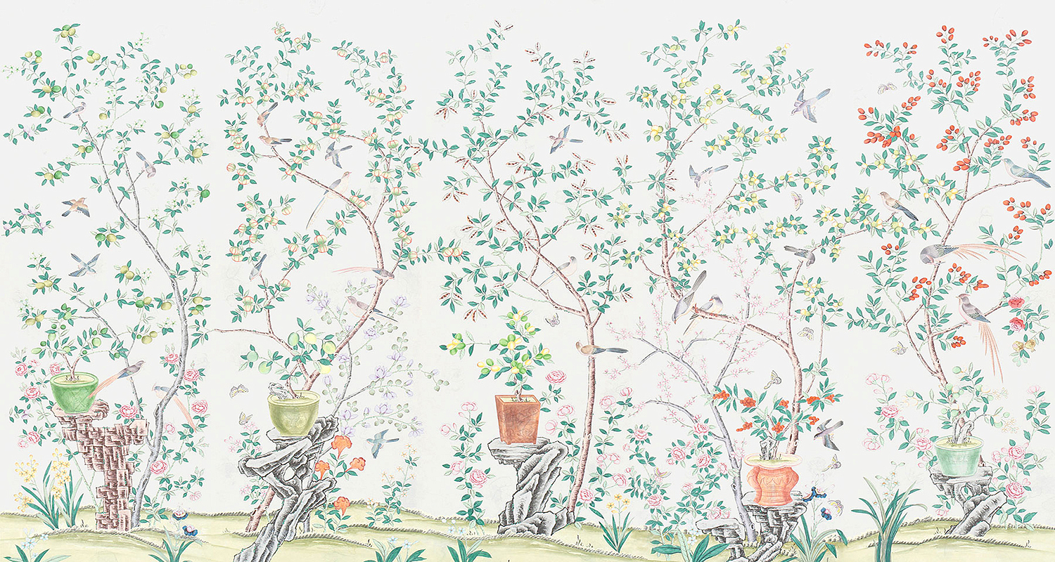Обои ручная роспись Jardinieres & Citrus Trees Natural Mica Обои ручная роспись Jardinieres & Citrus Trees Natural Mica - Loft-Concept в Ростове-на-Дону