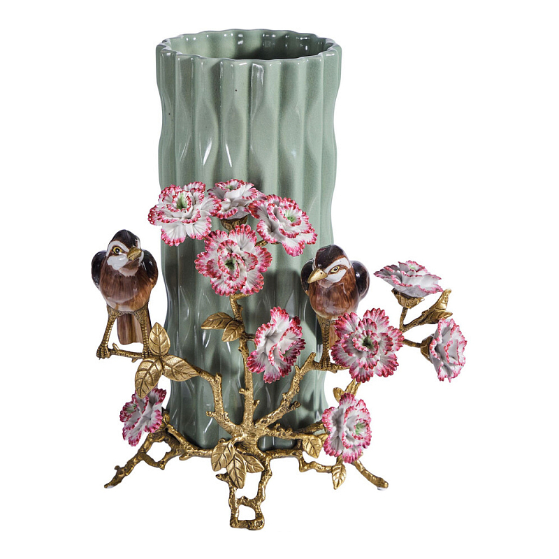 Ваза с птицами и цветами из фарфора с бронзовыми элементами Garden of Eden Бронза Мульти Зеленый в Ростове-на-Дону | Loft Concept 