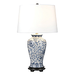 Настольная лампа с керамическим основанием в белом цвете с синим цветочным орнаментом на темной деревянной подставке и тканевым абажуром Elstead Lighting варинант исполнения - 1 | Loft Concept в Ростове-на-Дону