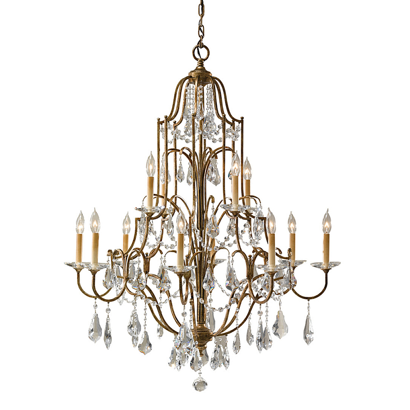 Люстра многоярусная с 12-ю лампами и стеклянными подвесками в классическом стиле Feiss Бронза Прозрачное Стекло в Ростове-на-Дону | Loft Concept 
