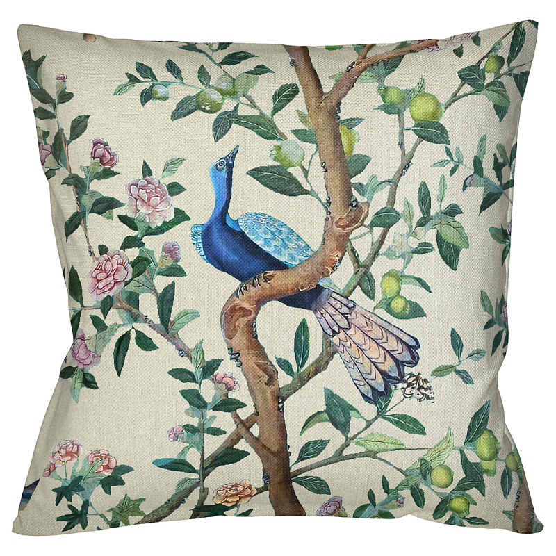        Beige Chinoiserie Blue Bird in the Garden Cushion    -- | Loft Concept 