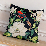 Декоративная подушка чёрная с изображением птицы в саду Blooming Red Birds варинант исполнения - 2 | Loft Concept в Ростове-на-Дону