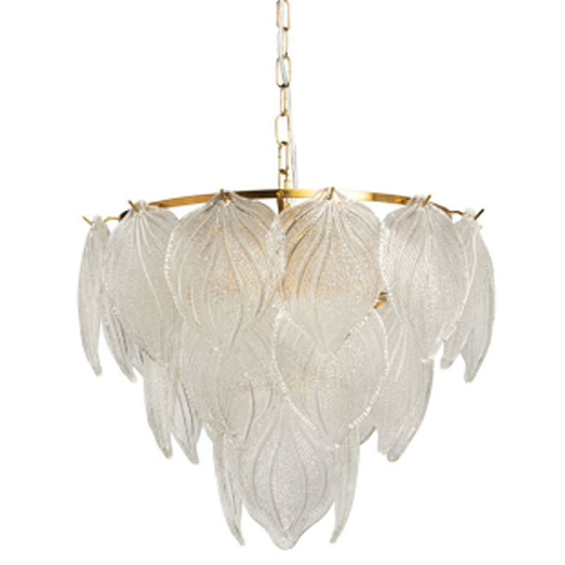 Люстра на цепи с прозрачными стеклянными подвесками в виде листьев Textured Glass Chandelier Прозрачное Стекло Латунь в Ростове-на-Дону | Loft Concept 
