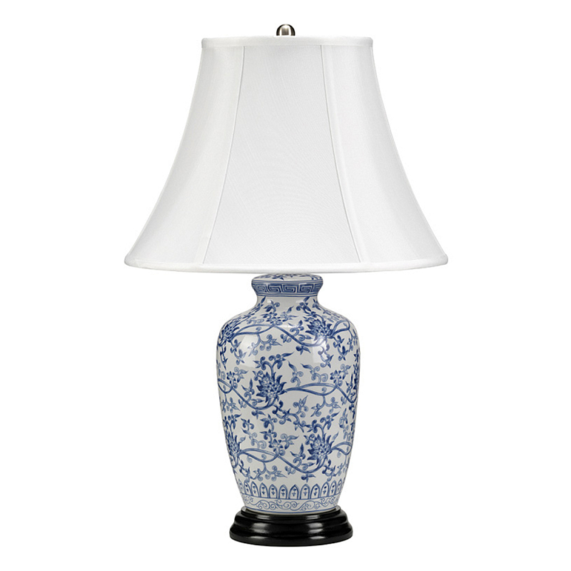Настольная лампа с фарфоровым основанием с декоративным орнаментом и белым абажуром на темной круглой подставке Elstead Lighting Белый Синий Никель Черный Золотой Серебряный в Ростове-на-Дону | Loft Concept 